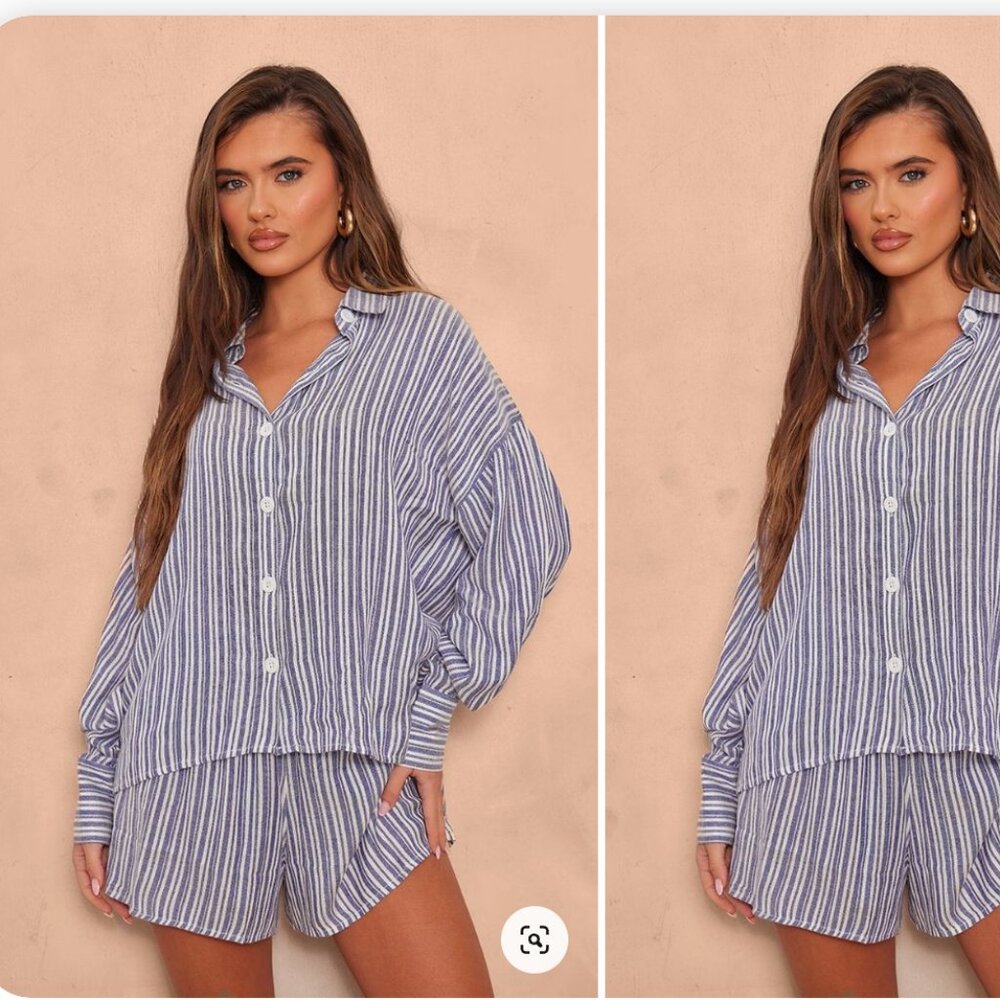 PRETTYLITTLETHING blue striped button shirt shorts set